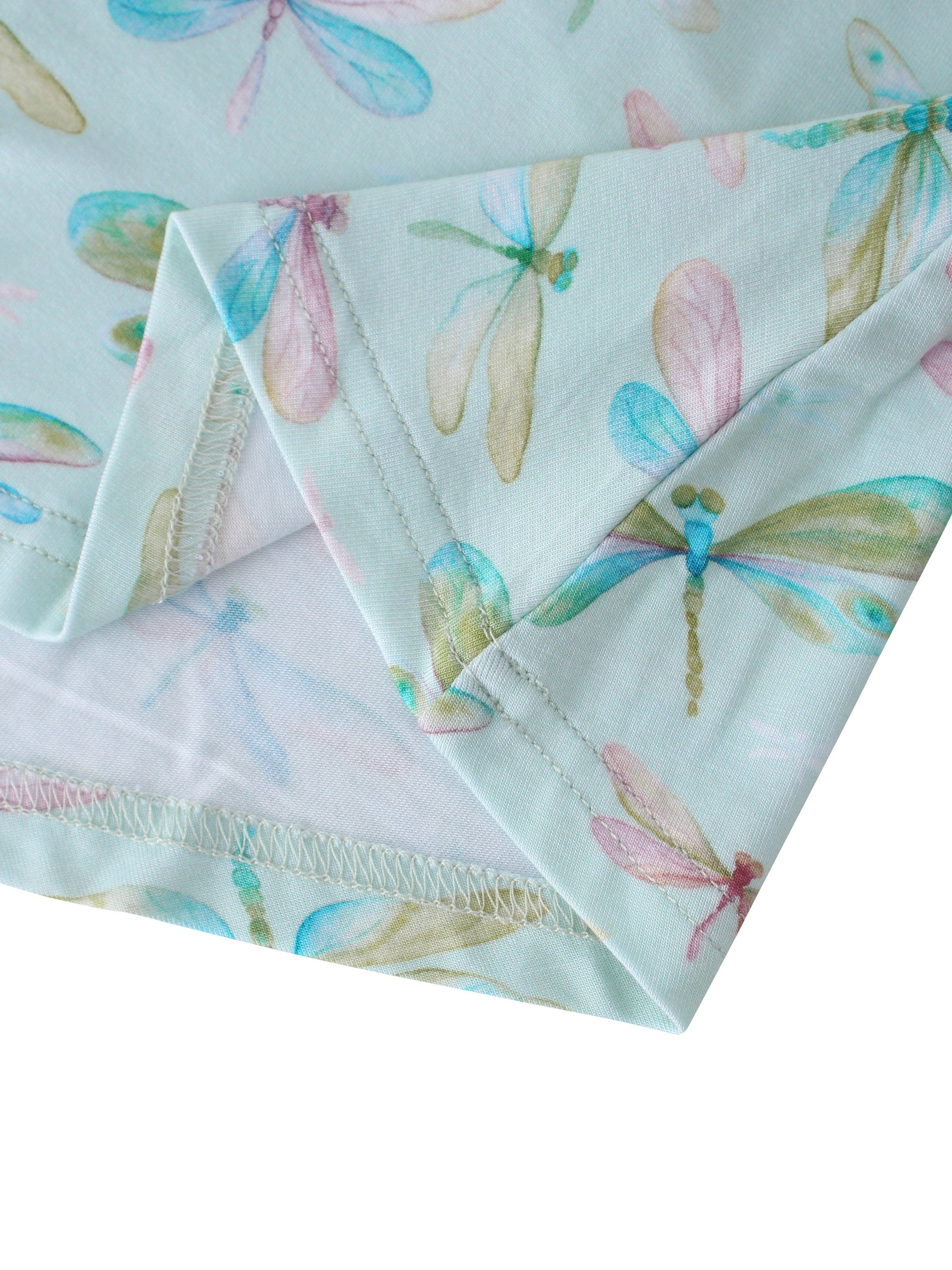 Customizable Blue Bamboo Fiber Dress for Girls Long Summer Dress with Dragonfly Print Cute Style OEKO Certified Short Sleeves