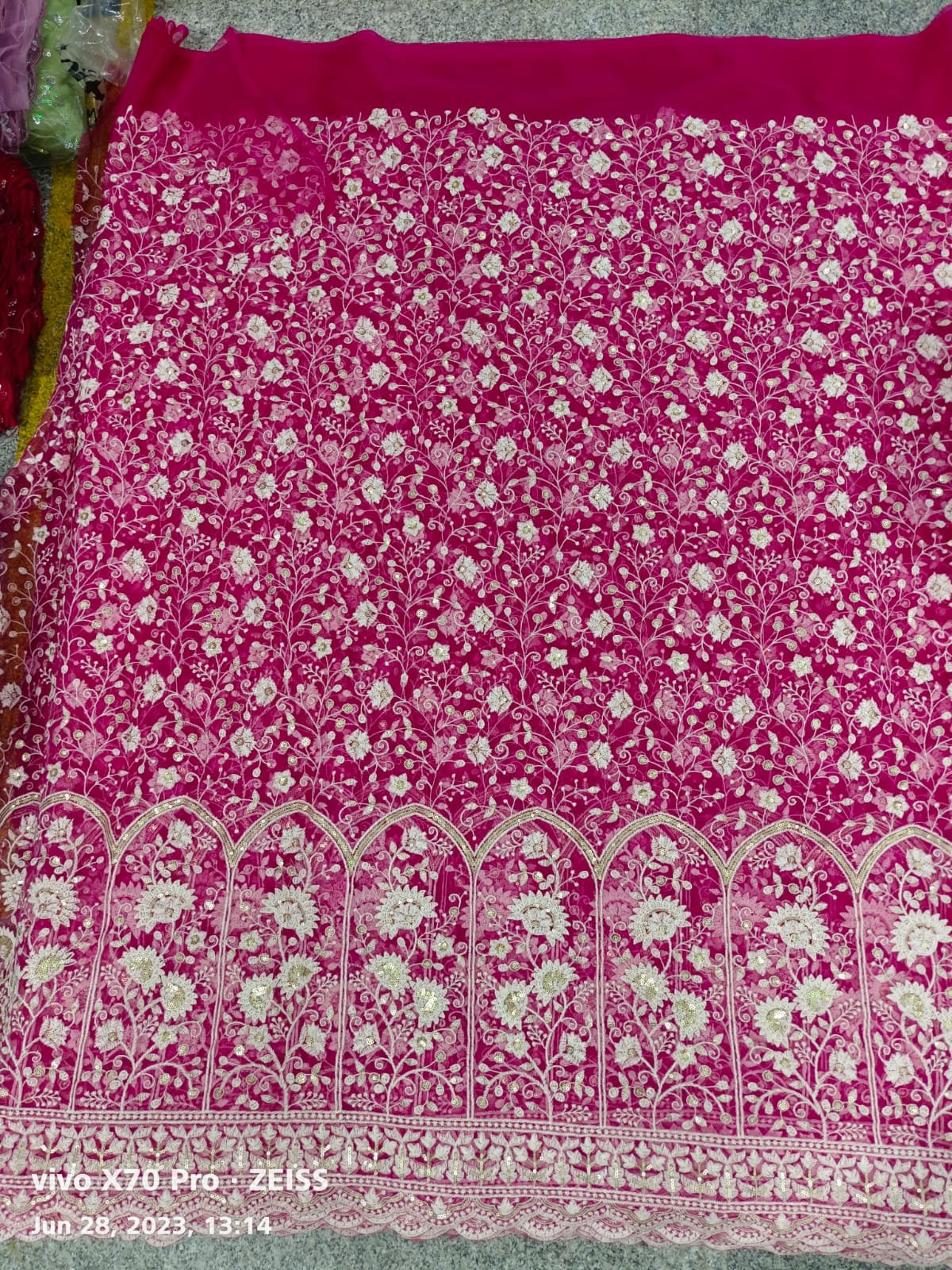 High on Demand Lucknowi Embroidery Net Fabric with Woven Pattern for Wedding Dress Making Supplied Indian Supplier Export Price