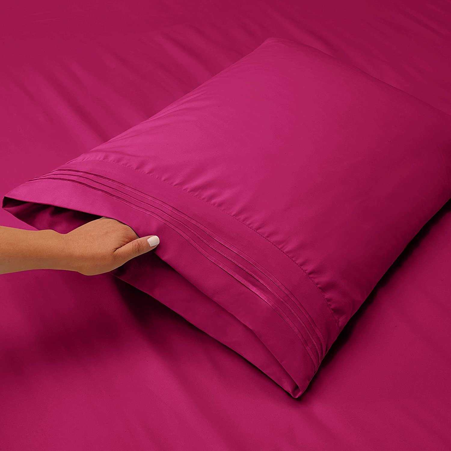 Egyptian Luxury Embroidered Bed Sheet Set with Beautiful Lines Embroidery 4 Pieces Set Berry Color