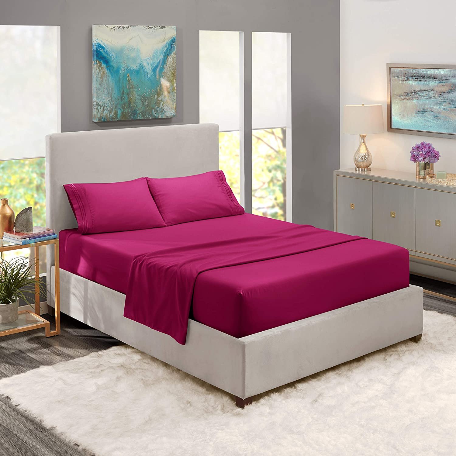 Egyptian Luxury Embroidered Bed Sheet Set with Beautiful Lines Embroidery 4 Pieces Set Berry Color