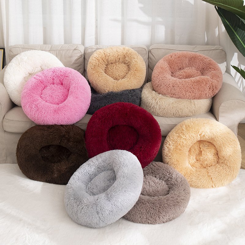 Custom Premium Pet Supplies Anti Anxiety Sleeping Cozy Long Plush Donut Shaped Pet Bed For Winter