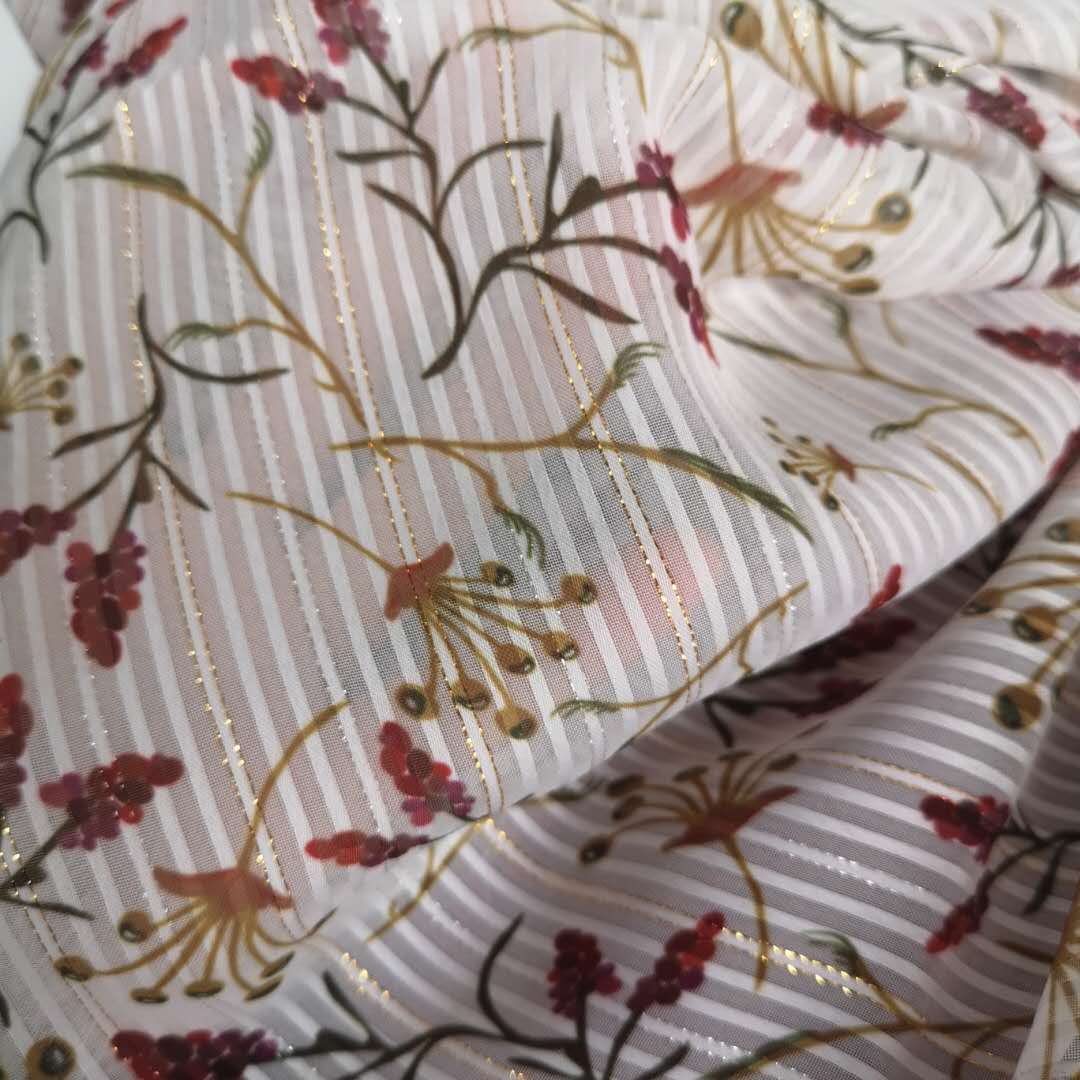 HIGH FASHION METALLIC GOLD lurex STRIPE CHIFFON PRINTED FABRICS POLYESTER FABRIC FOR LADY DRESS