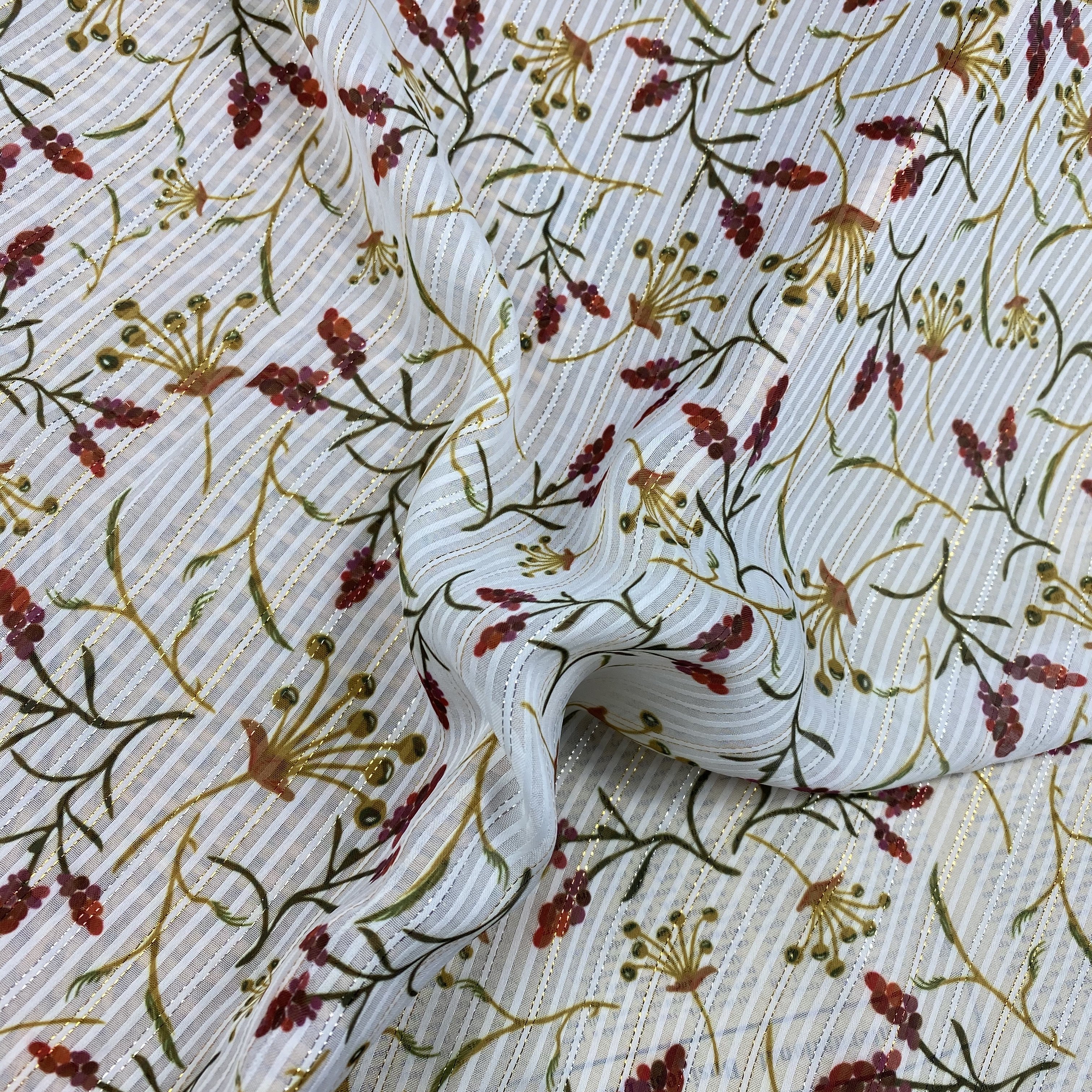 HIGH FASHION METALLIC GOLD lurex STRIPE CHIFFON PRINTED FABRICS POLYESTER FABRIC FOR LADY DRESS