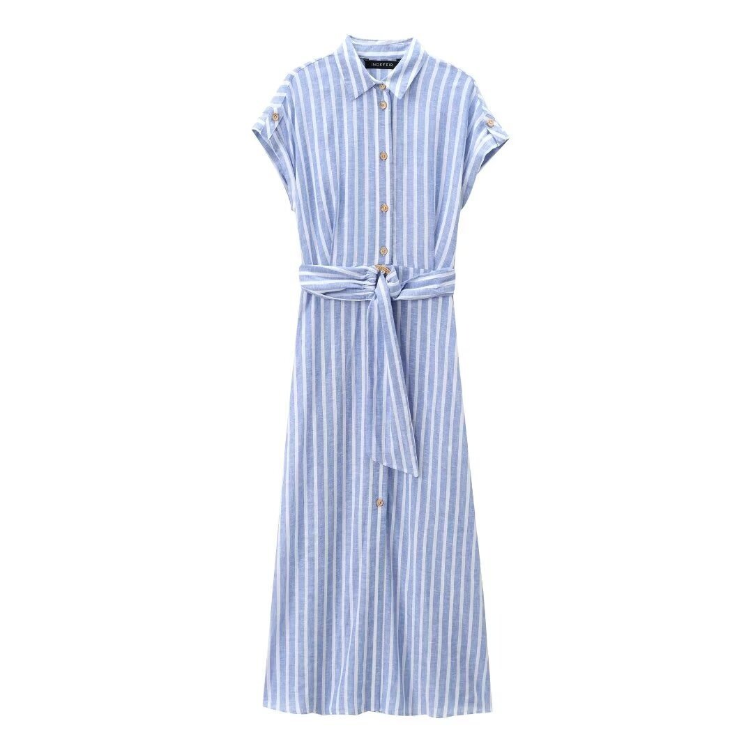 Vintage casual style summer Cross-Border Mid-Length Shirt Skirt for Women Linen Blended Stripes Casual dress