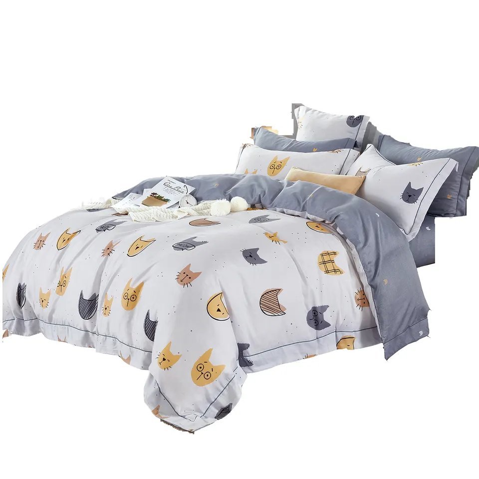 KOSMOS Simple Four-Piece Plaid Bed Sheet Quilt Cover Pillowcase Student Bed Linen Washed Cotton Bed Set