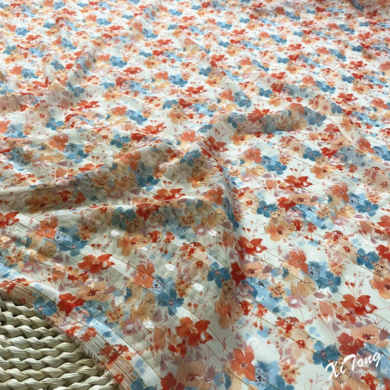high end fabric supplier metallic stripe chiffon fabric printing for lady's dress and garments