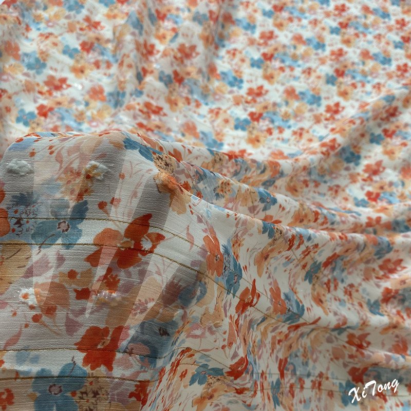 high end fabric supplier metallic stripe chiffon fabric printing for lady's dress and garments