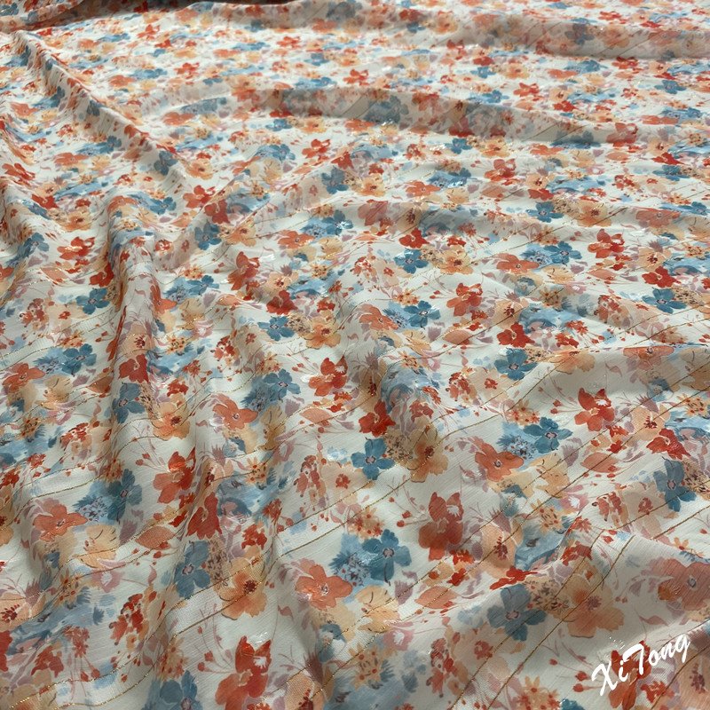 high end fabric supplier metallic stripe chiffon fabric printing for lady's dress and garments