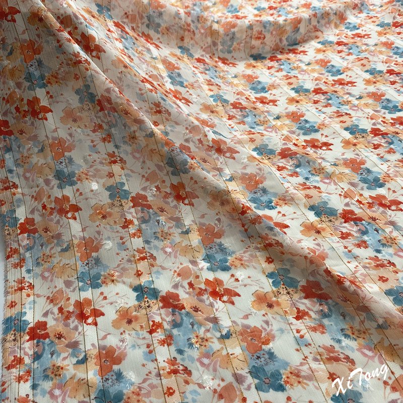 high end fabric supplier metallic stripe chiffon fabric printing for lady's dress and garments