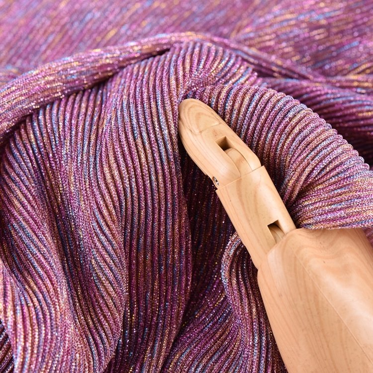 Lurex 100% Polyester Shine Glitter Metallic Composite Knit Bonded Pleated Fabric for Garments