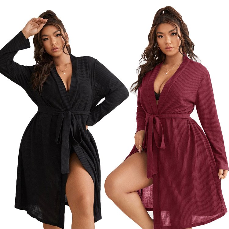 Custom Plus size Women's Sleepwear Long Sleeve Loungewear Solid Belted Robes Women Luxury