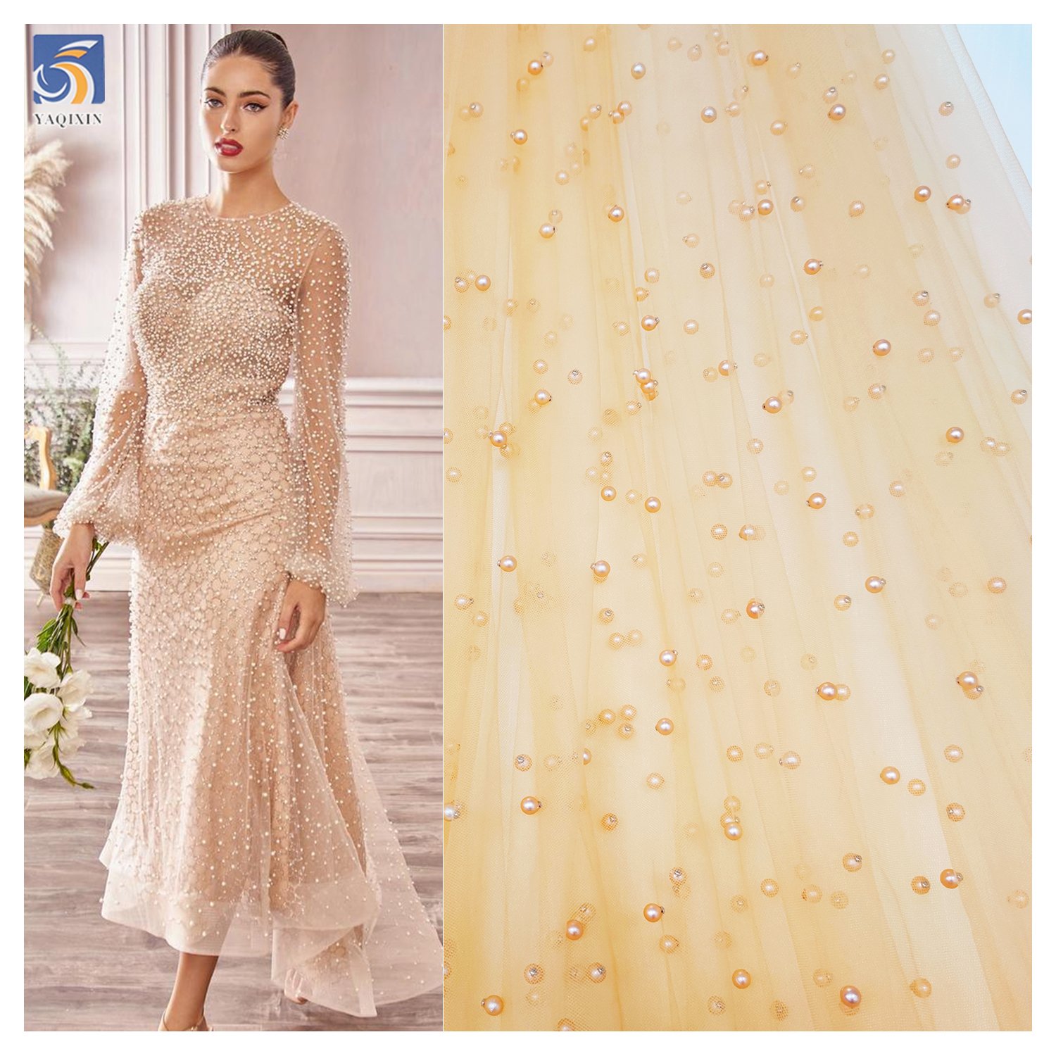 Custom colorful pearl beaded tulle for bridal 3D lace fabric, support multiple colors production