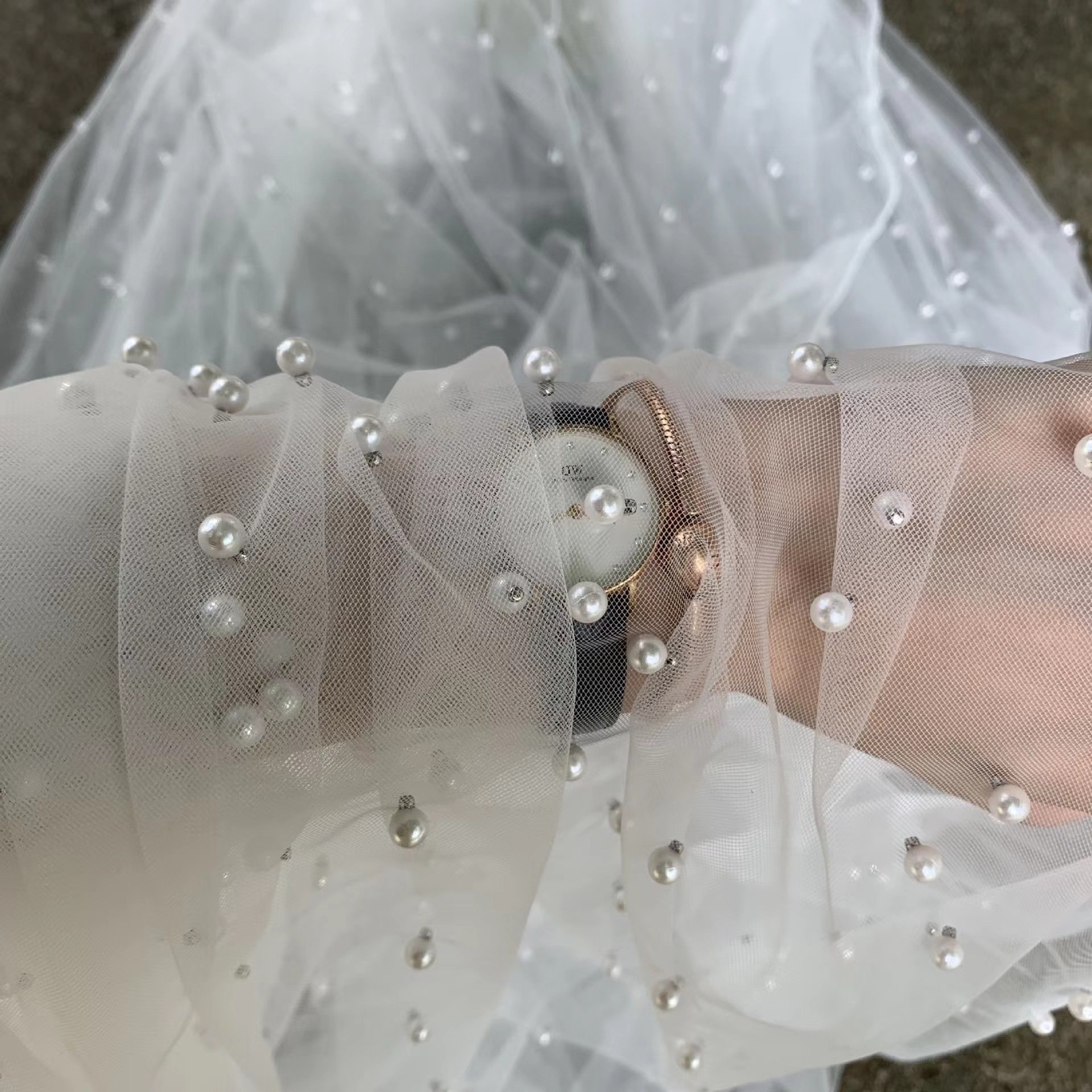 Custom colorful pearl beaded tulle for bridal 3D lace fabric, support multiple colors production