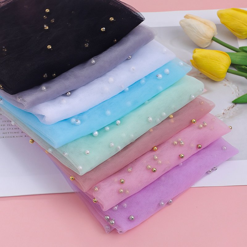 Custom colorful pearl beaded tulle for bridal 3D lace fabric, support multiple colors production