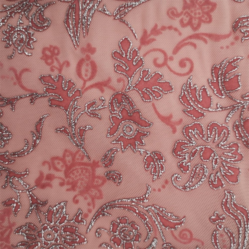 flower flocking velvet mesh fabric custom elastic bronze printing tulle fabric for garment dance cloths textile