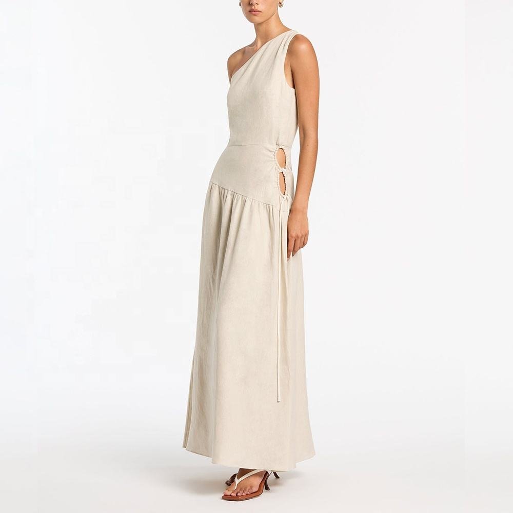 high End 100% linen fabric summer dress custom elegant vintage one-shoulder Maxi ladies hollowed loose ladies casual dress