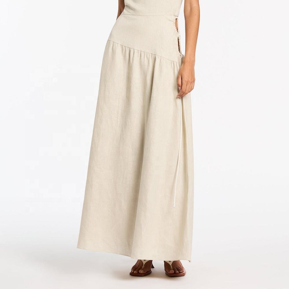 high End 100% linen fabric summer dress custom elegant vintage one-shoulder Maxi ladies hollowed loose ladies casual dress