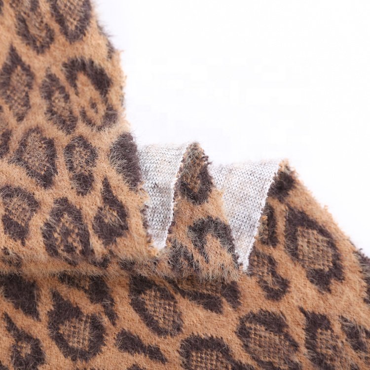 Wholesale leopard pattern jacquard knit fleece fabric polyester nylon hacci sweater fabric
