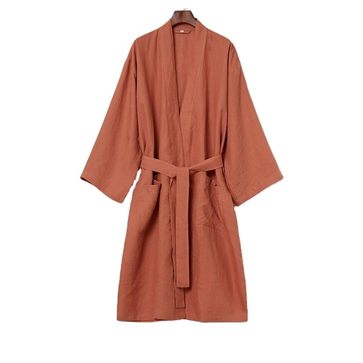 high quality striped kimono linen mustard short sleeve womens ladies faux 100%linen long robes