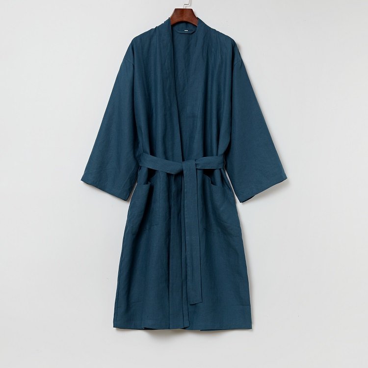 high quality striped kimono linen mustard short sleeve womens ladies faux 100%linen long robes