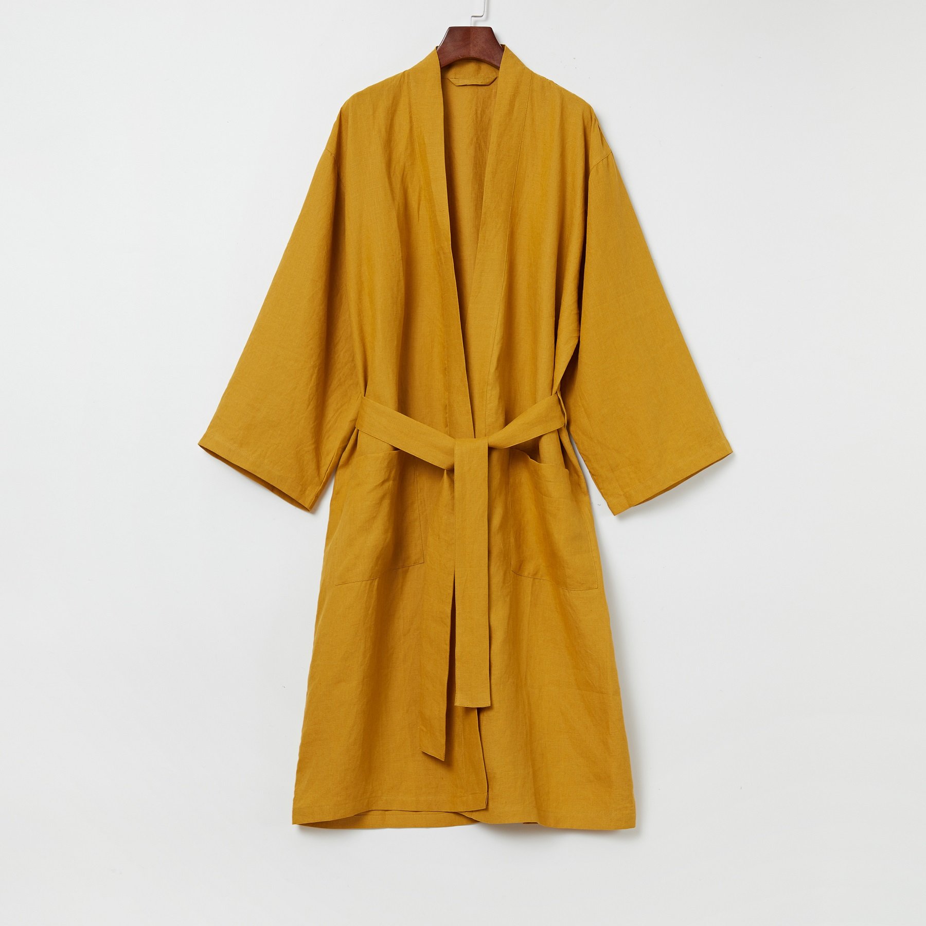 high quality striped kimono linen mustard short sleeve womens ladies faux 100%linen long robes