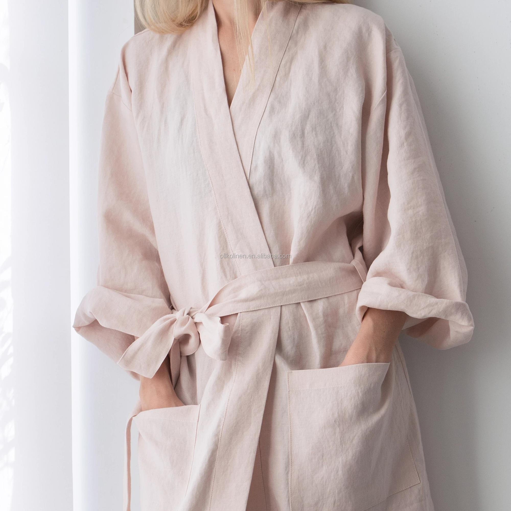 high quality striped kimono linen mustard short sleeve womens ladies faux 100%linen long robes