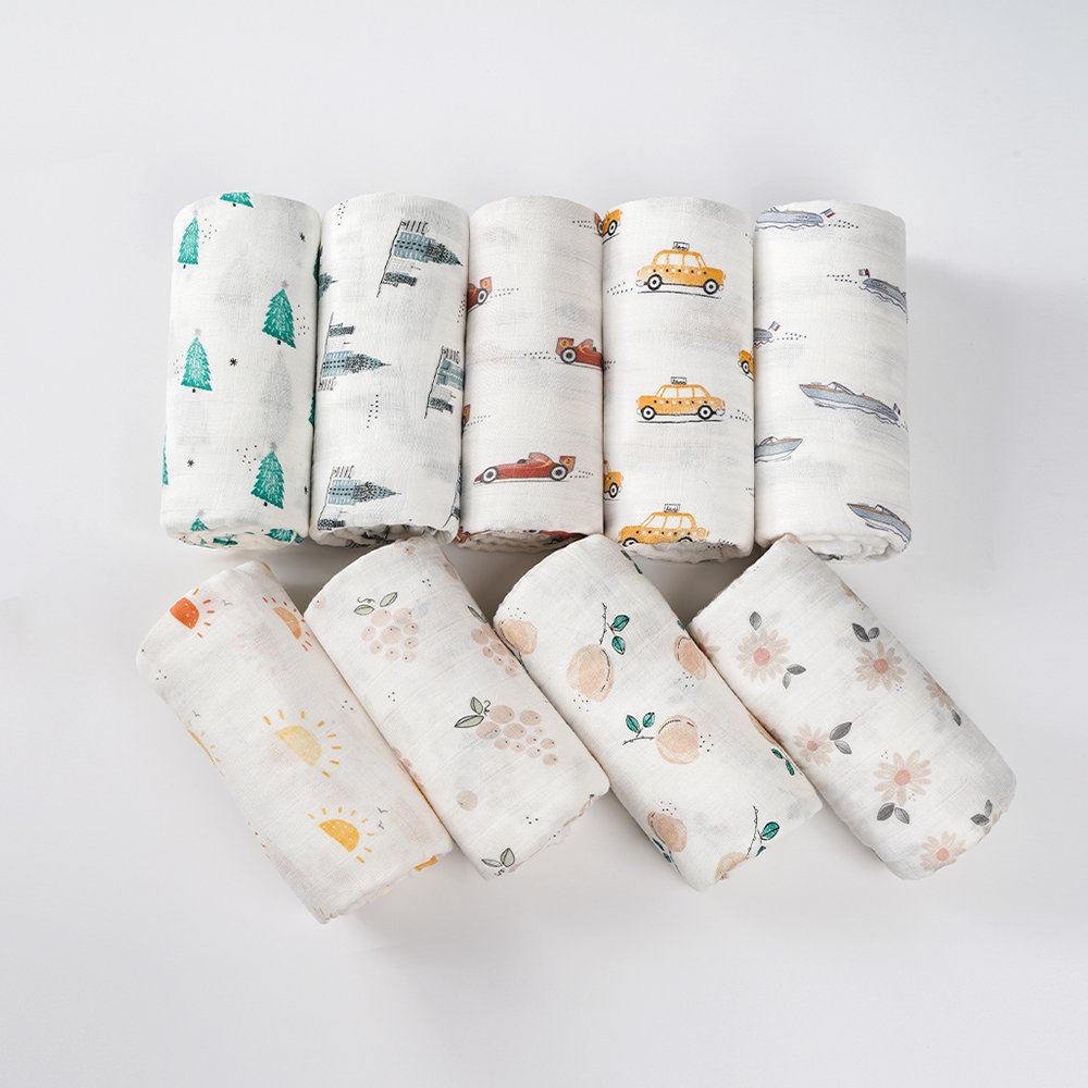 New Fashion Customizable Cute Printed 8 Layer Soft 70% Bamboo 30% Organic Cotton Fabric Muslin Infant Baby Swaddle Wrap Blanket