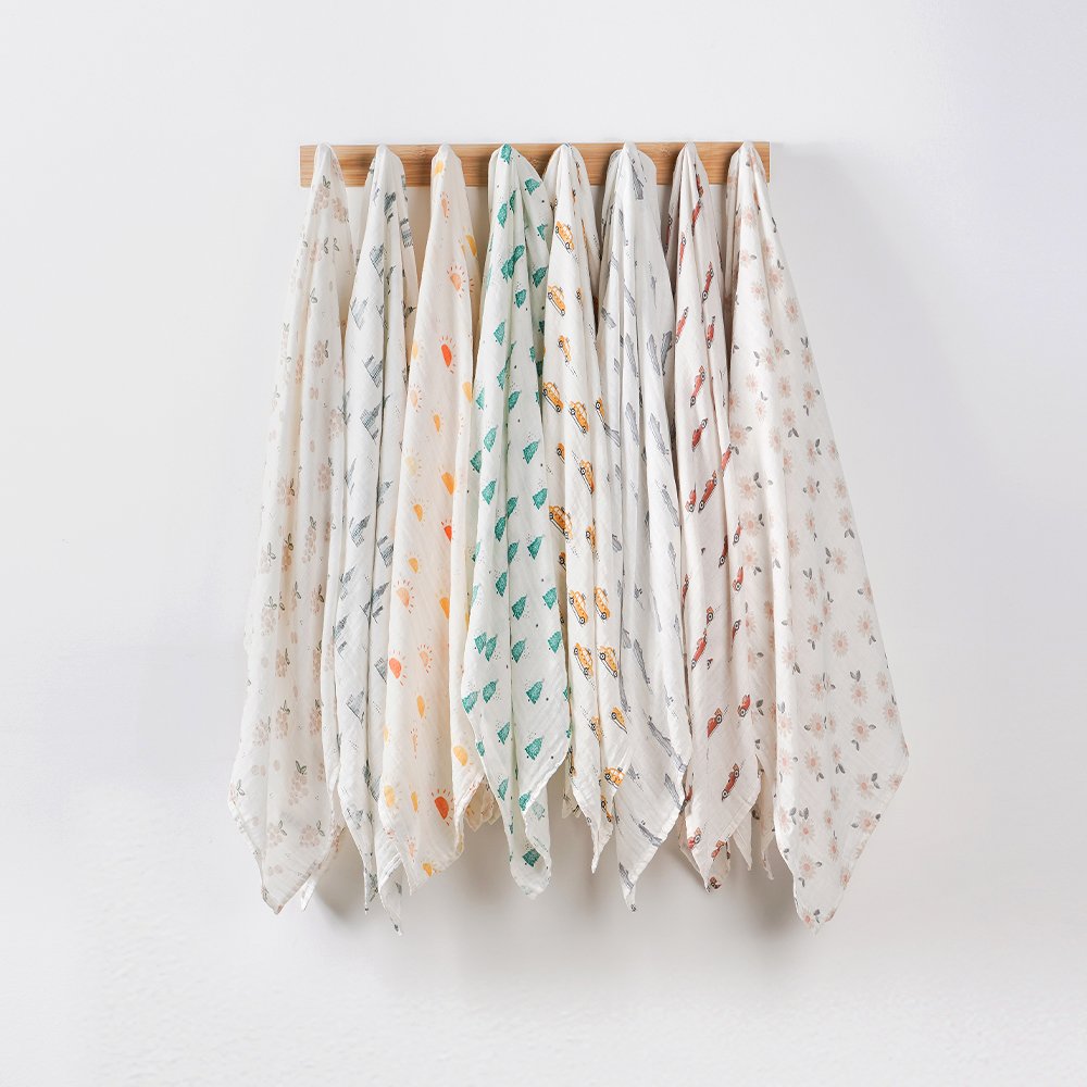 New Fashion Customizable Cute Printed 8 Layer Soft 70% Bamboo 30% Organic Cotton Fabric Muslin Infant Baby Swaddle Wrap Blanket