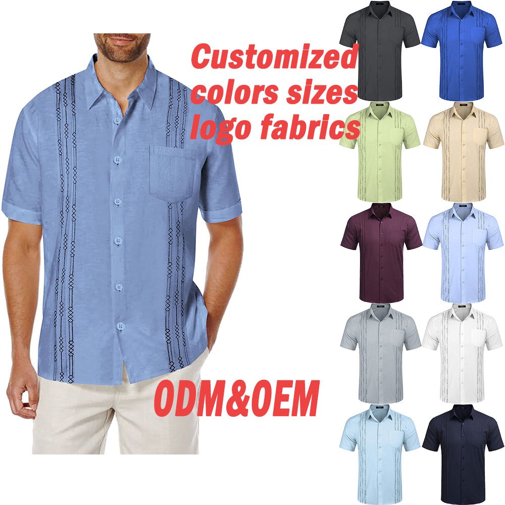 Shinesia Clothing Cotton Linen Shirt Manufacturers Custom High Quality Short Sleeves Embroidered Men Summer Casual Poplin Fabric