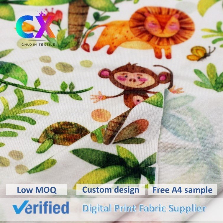 OEM Custom Pattern Monkey Lion Animal 100% Bamboo Cane Fiber Plain Weft Knitting Jersey Fabrics for Sportswear