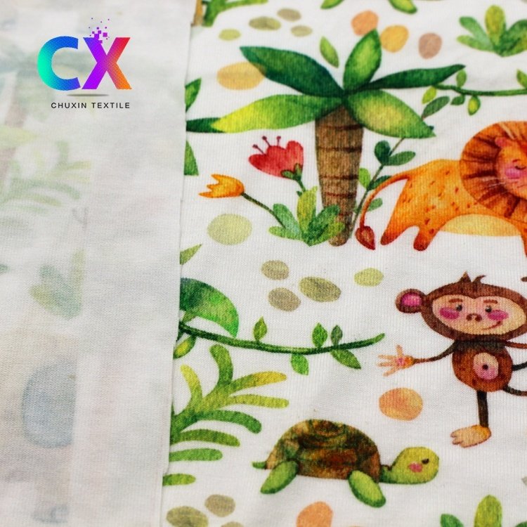 OEM Custom Pattern Monkey Lion Animal 100% Bamboo Cane Fiber Plain Weft Knitting Jersey Fabrics for Sportswear