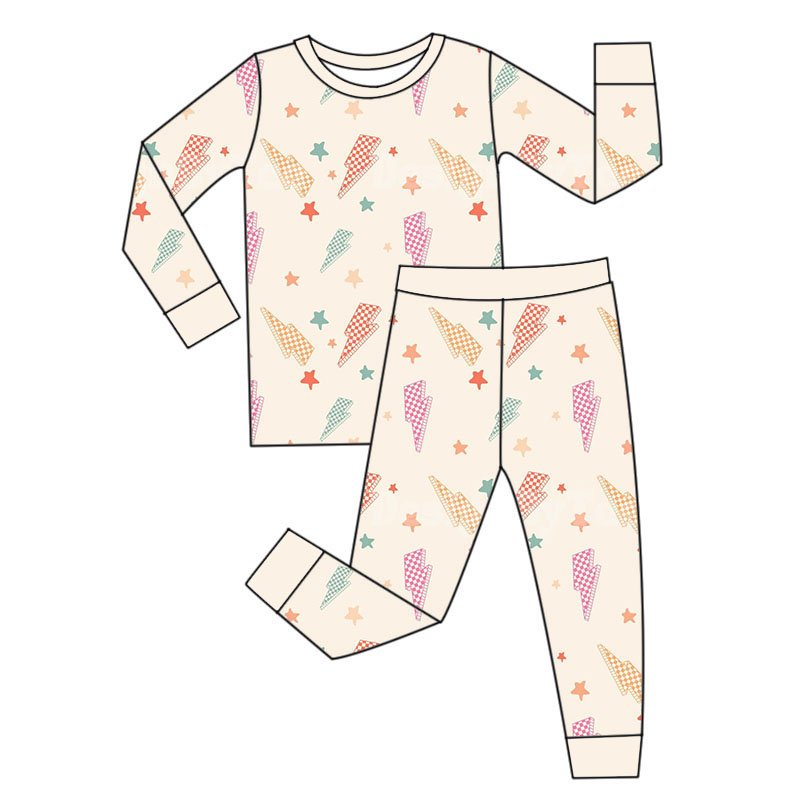Custom Lightning Print Kids Two Pieces Pajamas Clothes Newborn Baby Long Sleeve Long Pants Set Breathable Bamboo Fabric Pjs Set