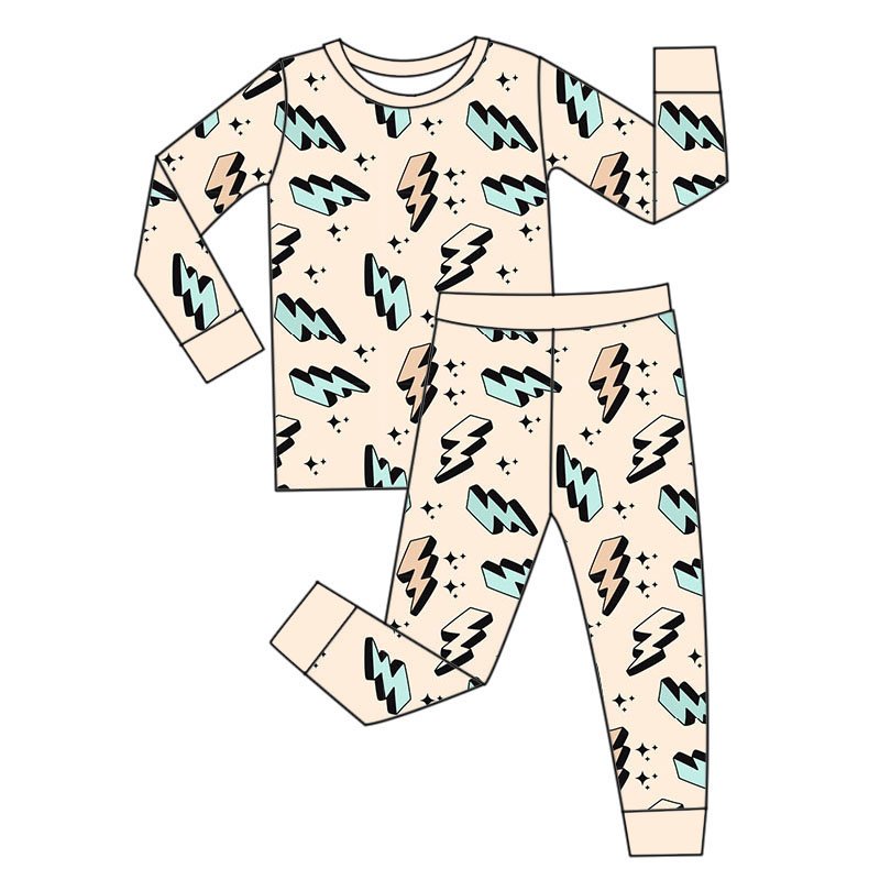 Custom Lightning Print Kids Two Pieces Pajamas Clothes Newborn Baby Long Sleeve Long Pants Set Breathable Bamboo Fabric Pjs Set