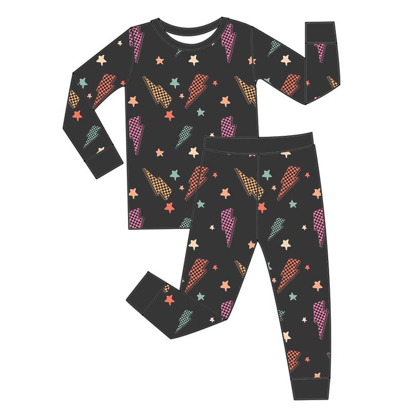 Custom Lightning Print Kids Two Pieces Pajamas Clothes Newborn Baby Long Sleeve Long Pants Set Breathable Bamboo Fabric Pjs Set