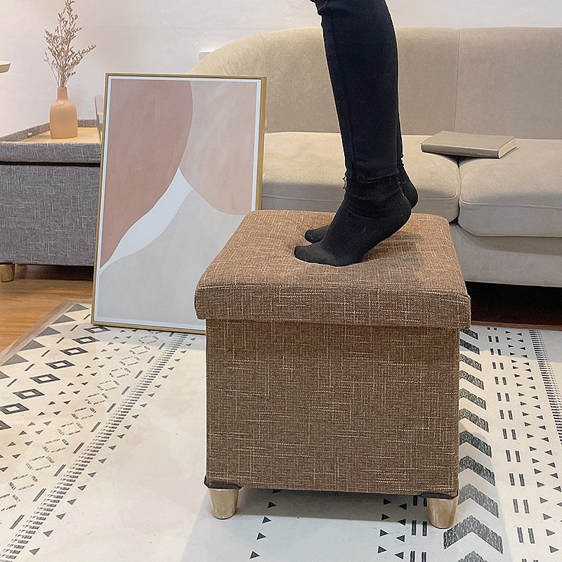 Factory Best Price 30*30*30Cm Cotton Linen Square Sofa Stool Storage Ottoman With Inner Storage Room Box And Hard Fibreboard