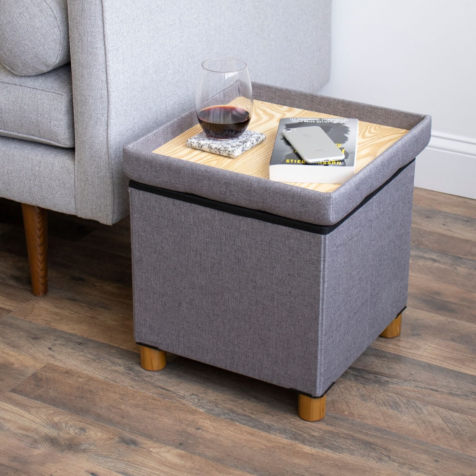 Factory Best Price 30*30*30Cm Cotton Linen Square Sofa Stool Storage Ottoman With Inner Storage Room Box And Hard Fibreboard