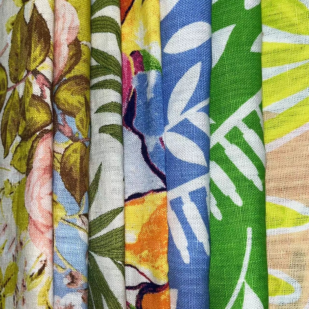 Wholesale organic custom 100% pure linen vintage floral palm printed fabric for dress clothing