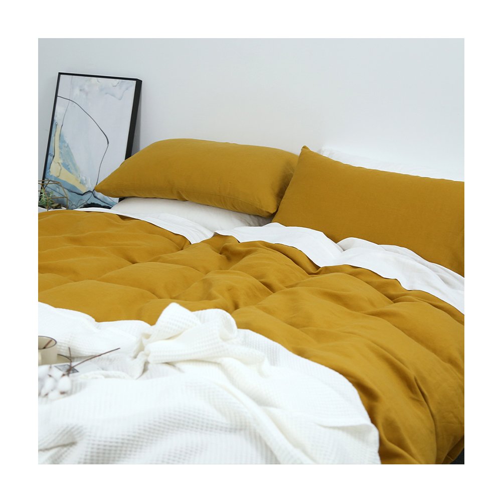 Wholesale Saffron color Pure Linen 100% French Flax Linen stone washed bedding Customized cotton linen fabric duvet cover Set