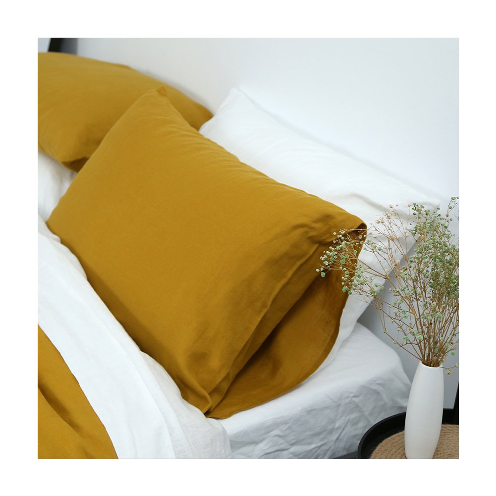 Wholesale Saffron color Pure Linen 100% French Flax Linen stone washed bedding Customized cotton linen fabric duvet cover Set