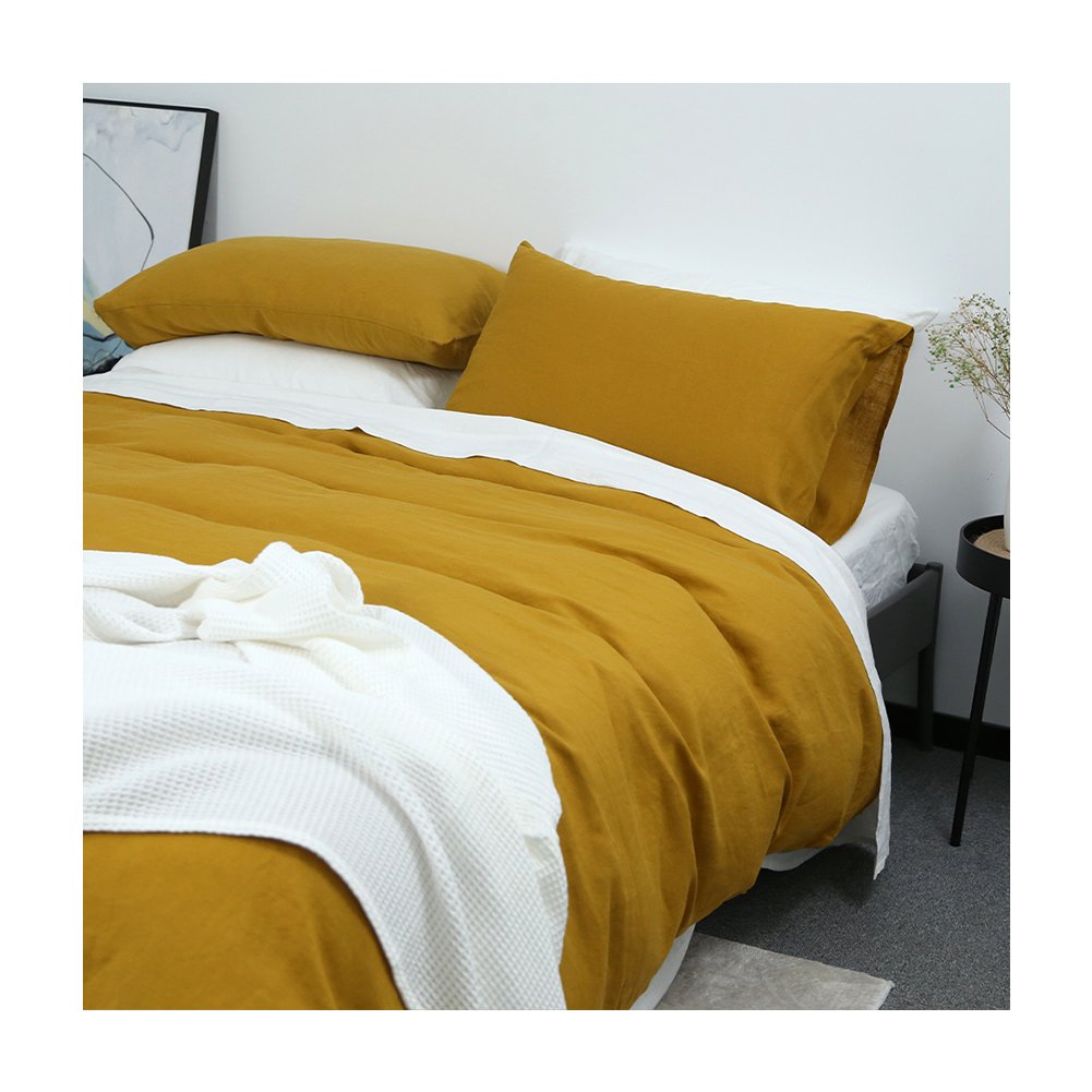 Wholesale Saffron color Pure Linen 100% French Flax Linen stone washed bedding Customized cotton linen fabric duvet cover Set