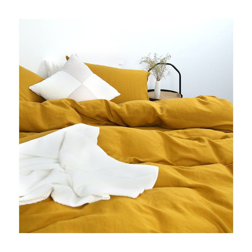 Wholesale Saffron color Pure Linen 100% French Flax Linen stone washed bedding Customized cotton linen fabric duvet cover Set