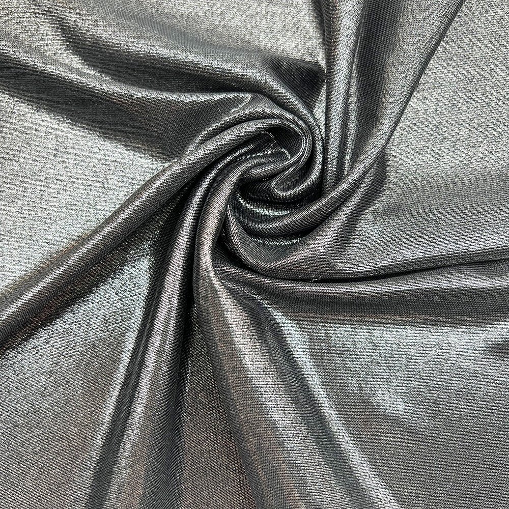 Eco-friendly Custom hologram high shine lame glitter metallic foil polyester printing four way stretch silver foil jersey fabric