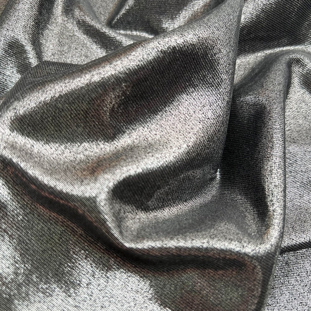Eco-friendly Custom hologram high shine lame glitter metallic foil polyester printing four way stretch silver foil jersey fabric