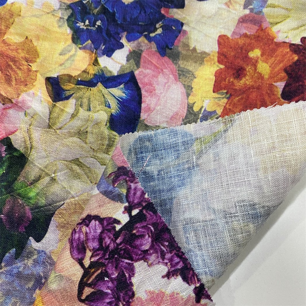 2023 Hot Selling Breathable Fashion Vintage Flower Design Woven Linen Fabric Print 100% Linen Fabric For Clothing