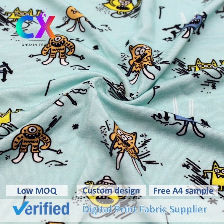 Creative design breathable weft knitted jersey custom little monsters kids cartoon characters bamboo fabrics for clothes