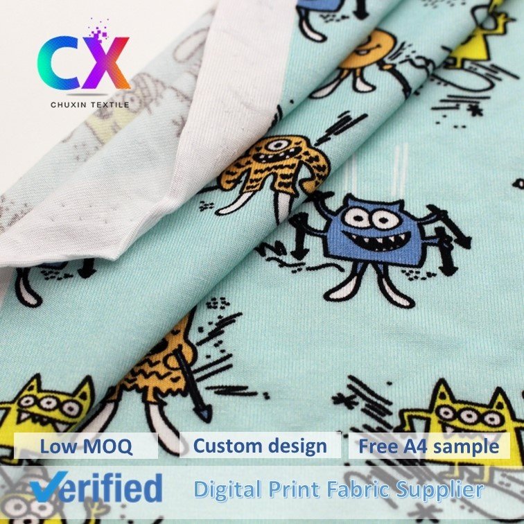 Creative design breathable weft knitted jersey custom little monsters kids cartoon characters bamboo fabrics for clothes