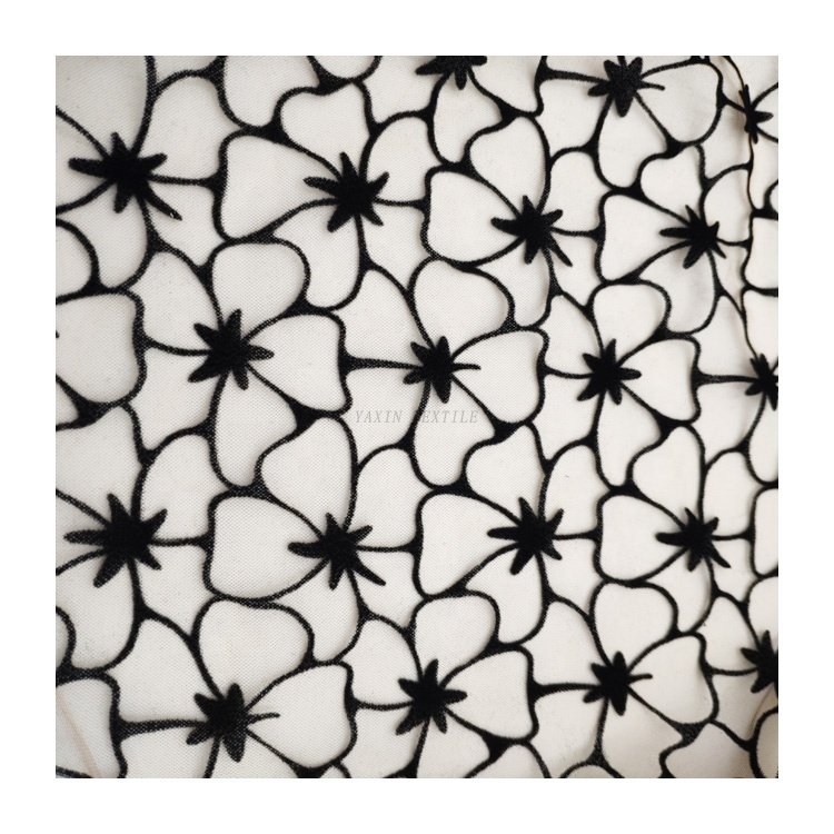 DX163 100% Polyester Black Tulle Mesh Lace Fabric with Flocking Velvet