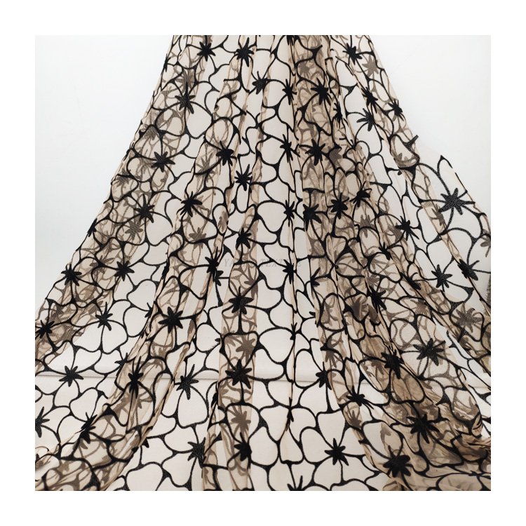 DX163 100% Polyester Black Tulle Mesh Lace Fabric with Flocking Velvet