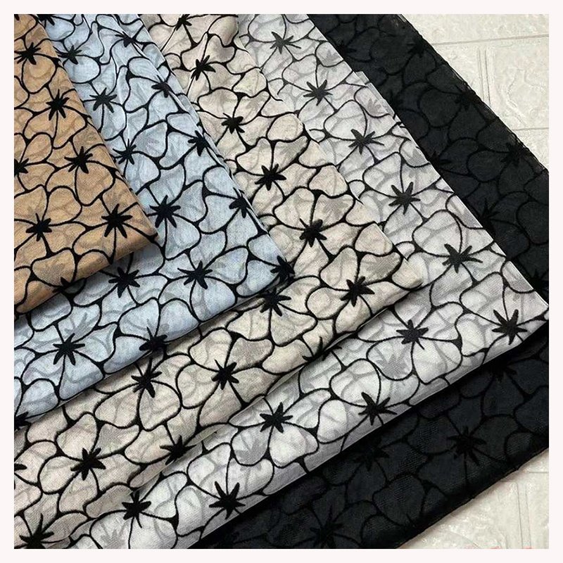 DX163 100% Polyester Black Tulle Mesh Lace Fabric with Flocking Velvet