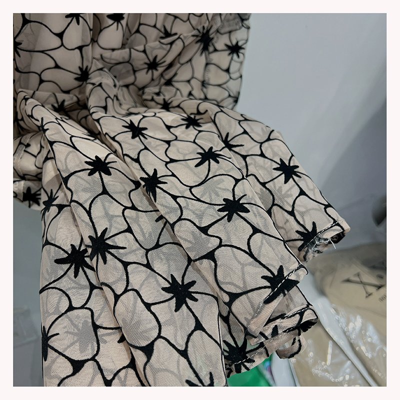DX163 100% Polyester Black Tulle Mesh Lace Fabric with Flocking Velvet